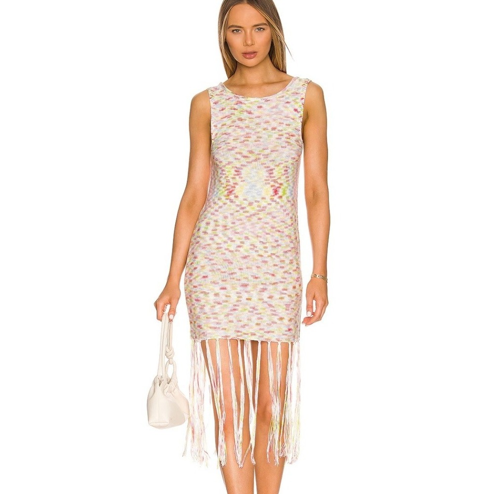 525 America Colorful Fringe Knit Mini Dress Boho Designer Conteporary NEW XS